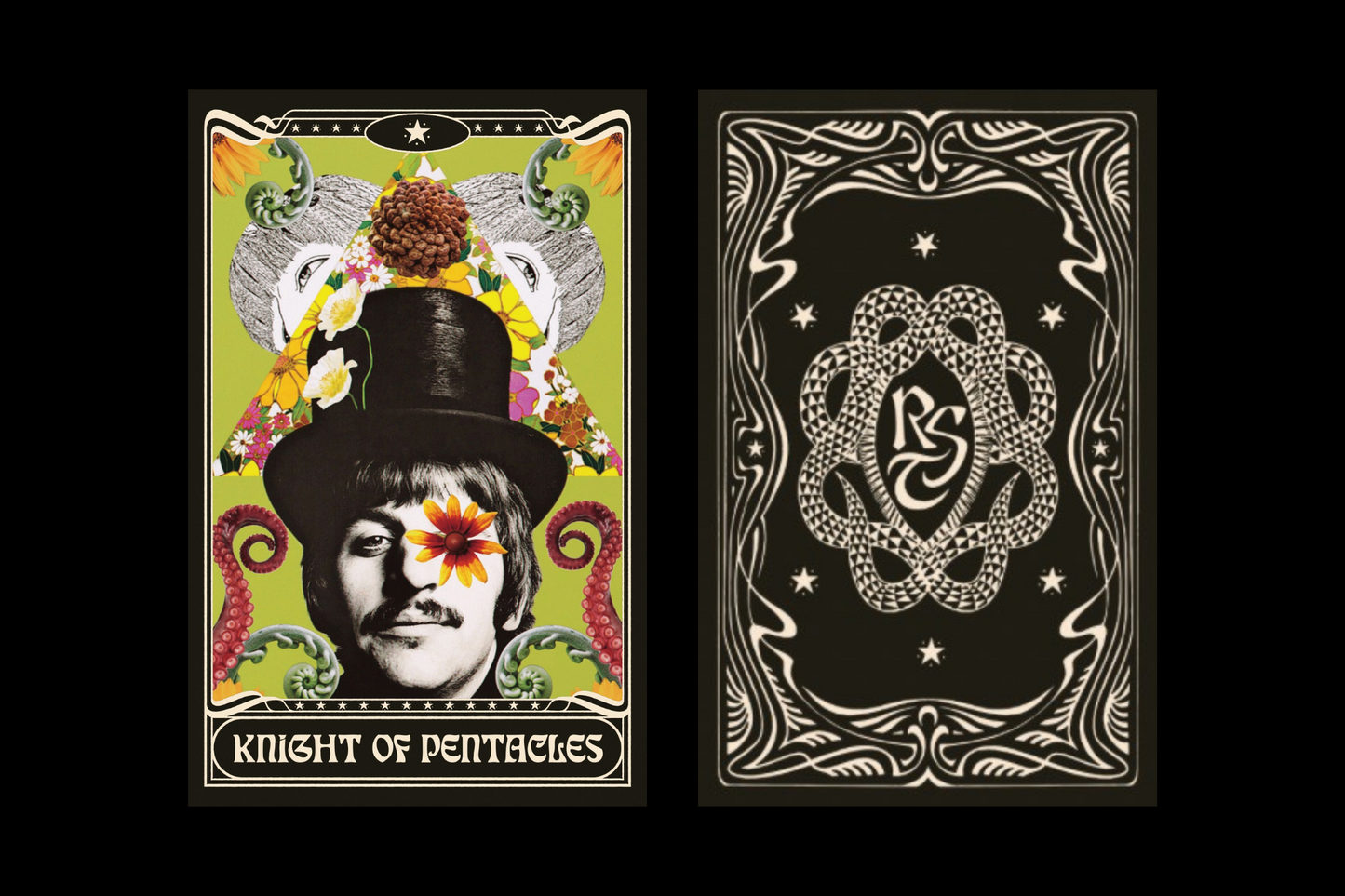 The Rockstar Tarot Deck collage art features Ringo Starr as the reference for Knight of Pentacles card.