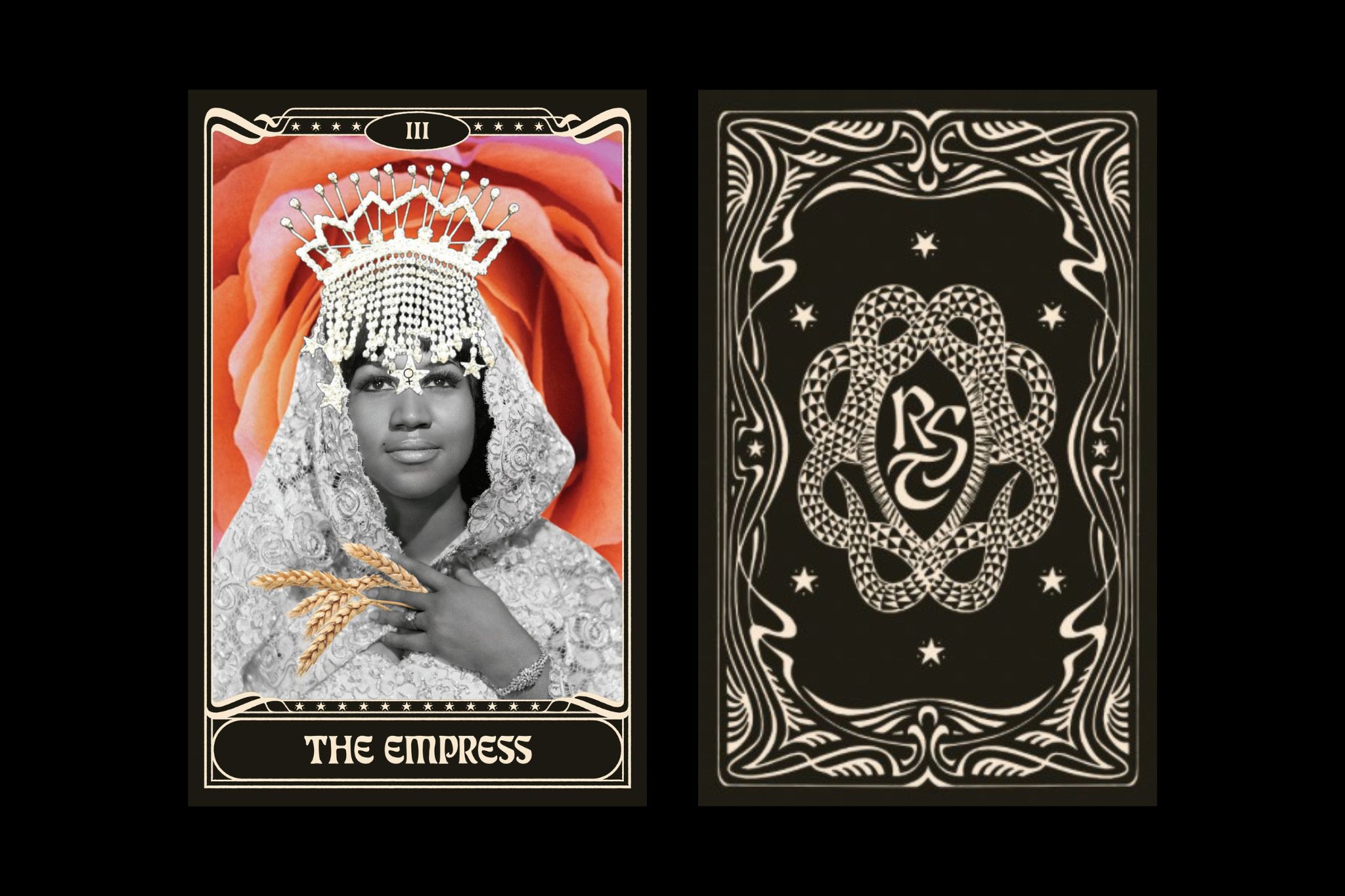 The Rockstar Tarot Deck collage art features Aretha Franklin as the reference for The Empress card.