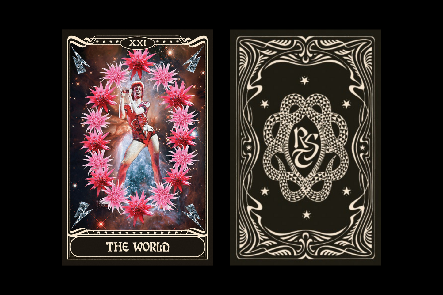 The Rockstar Tarot Deck collage art features David Bowie as the reference for The World card. 